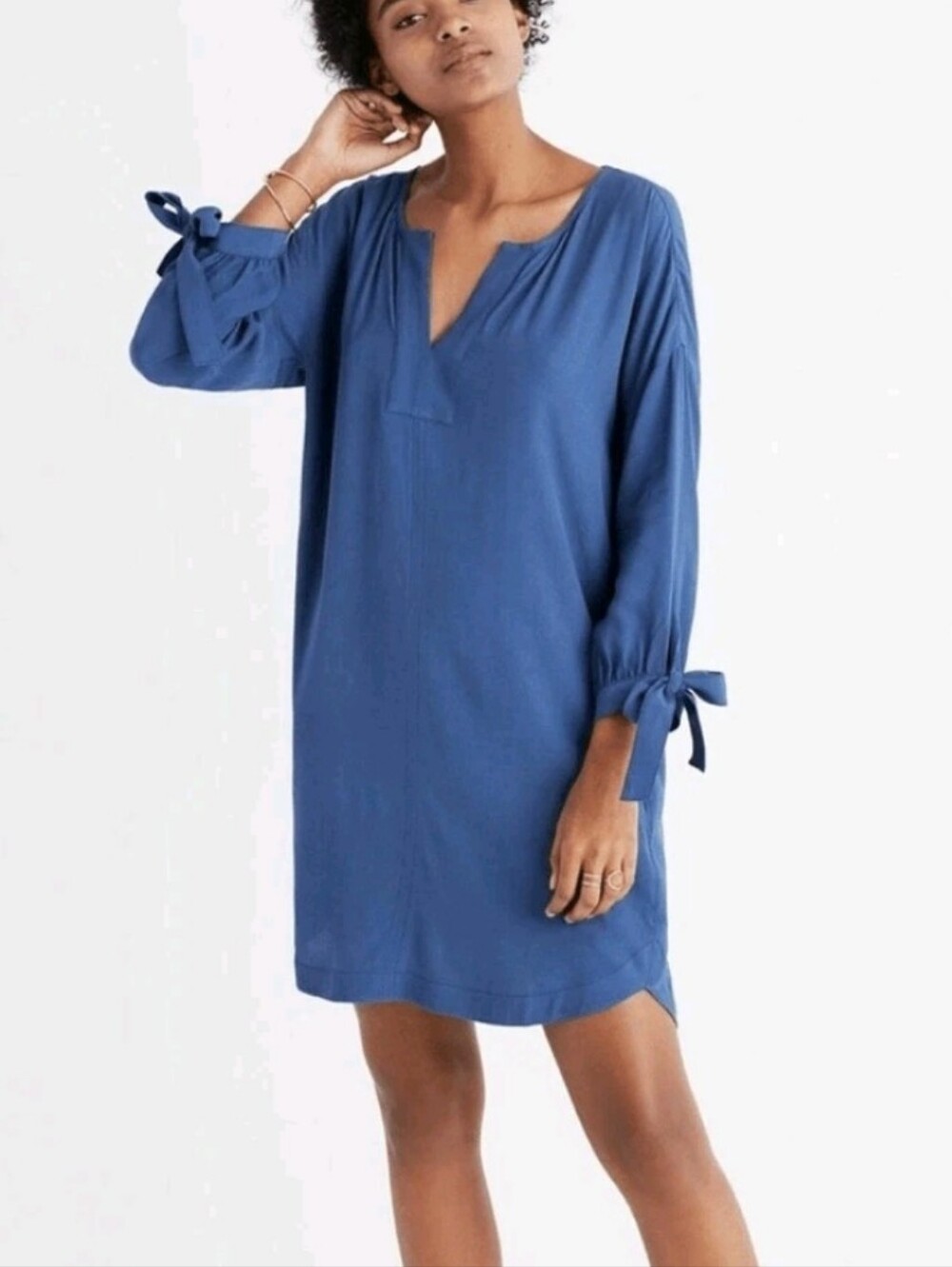 Madewell Blue 3/4 Tie Sleeve Tunic Mini Shift Dress Luxurious, Size M